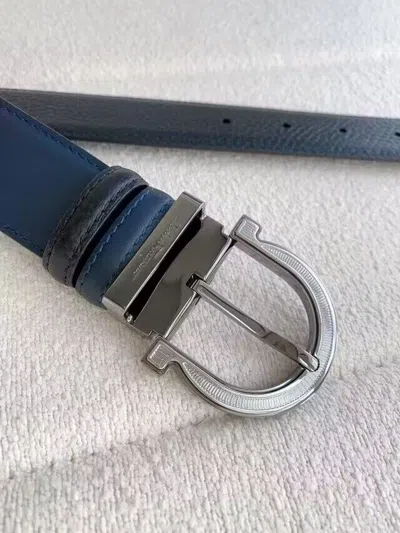Pre-owned Ferragamo Salvatore  Blue/black Belt Gancini Silvery Buckle