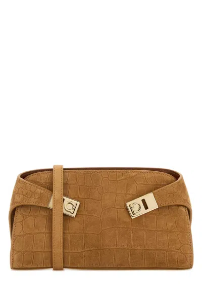 Ferragamo Suede Mini Hug Crossbody Bag Crocodile Texture In Brown