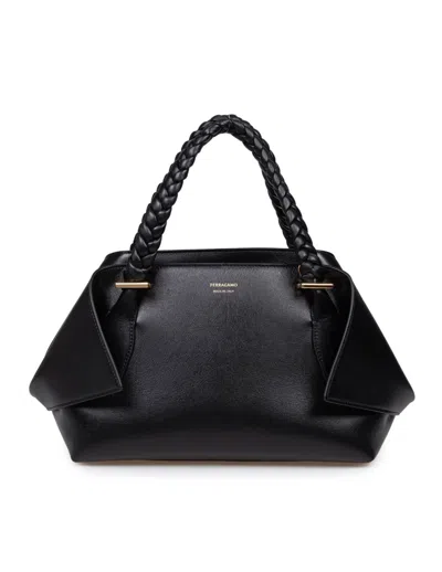 Ferragamo Medium Leather Handbag Structured Shape In Black
