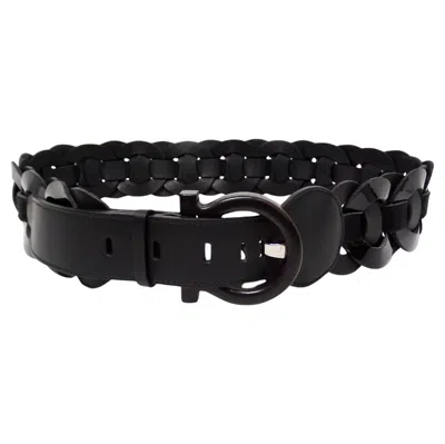 Pre-owned Ferragamo Salvatore  Braided Leather & Pony Hair Belt With Wooden Gancini Buckle In Black