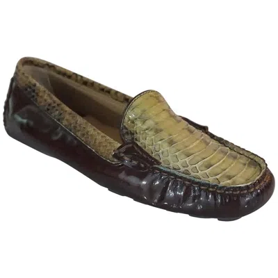 Pre-owned Ferragamo Salvatore  Brown Patent And Green Snake Loafers - 5
