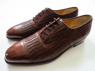 Pre-owned Ferragamo Salvatore  Brown Woven Leather Oxford Shoes 10.5 Us 44.5 Euro 9.5 Uk