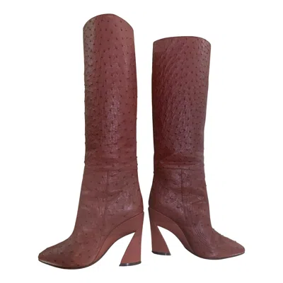 Pre-owned Ferragamo Salvatore  Burgundy Ostrich Skin Knee-high Boots W Sculpted Heel Us 8 In Red