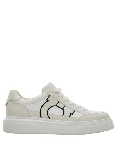 Ferragamo Cassina Ganc2 Leather Logo Low Sneakers In White