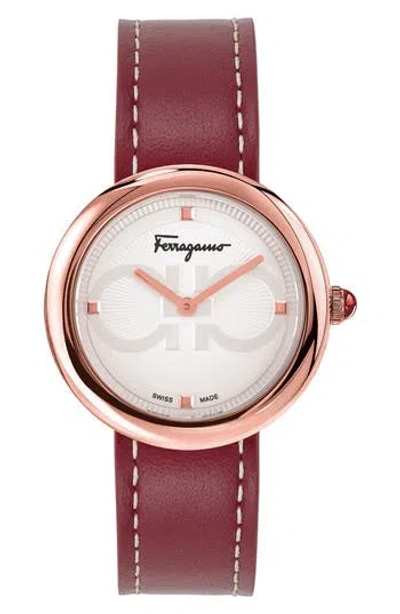 Ferragamo Salvatore  Chic Leather Strap Watch, 32mm In Burgundy