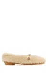 Ferragamo Shearling Hardware Round Toe Ballerinas In White