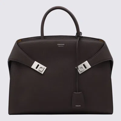 FERRAGAMO SALVATORE FERRAGAMO DARK BROWN LEATHER HUG TOP HANDLE BAG