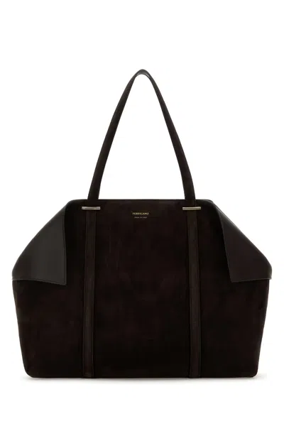 Ferragamo Suede Shopping Bag Featuring Structured Design In Brown