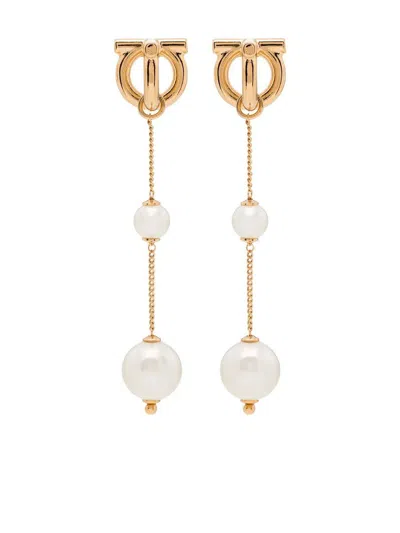 Ferragamo Double Pearl Gancini Pendant Earrings In Grey