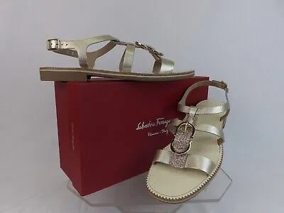 Pre-owned Ferragamo Salvatore  Elisir Platinum Leather Gancini Bit Sandals Flats 9 M In Silver