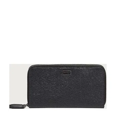 Ferragamo Salvatore  Embossed Leather Zip Around Wallet In Black