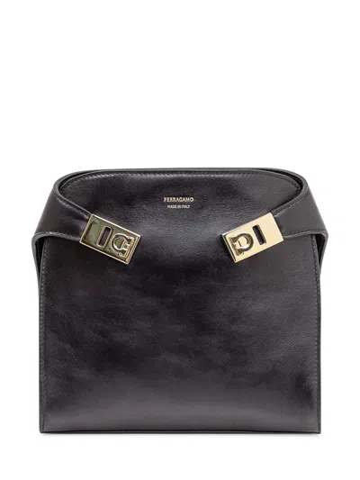 Ferragamo Salvatore   Black Leather Hand Bag With Gold Buckle