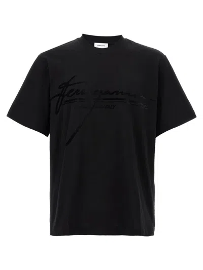 Ferragamo Crew Neck T-shirt With Printed Signature In Black