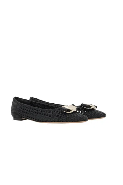 Ferragamo Zea Woven Buckle Ballerina Flats In Nero Rielaborato