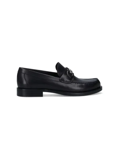 Ferragamo Round Toe Leather Loafers With Metal Buckle In Black