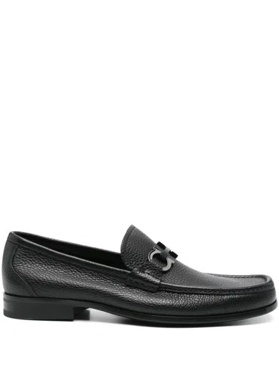 Ferragamo Gandioso Pebbled Moccasin With Gancini Ornament In Black Leather