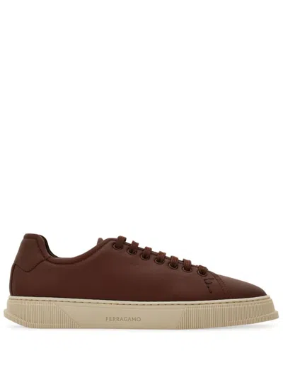 Ferragamo Salvatore Leather Sneakers Low-top Silhouette In Brown