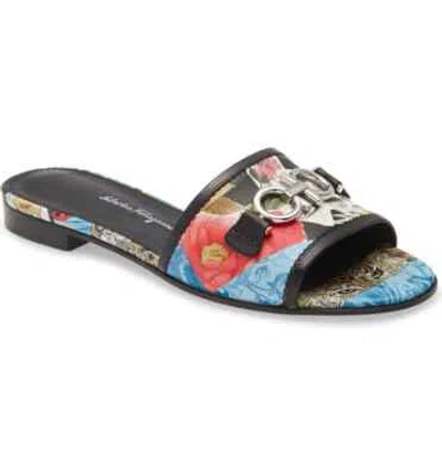 Pre-owned Ferragamo Salvatore  Floral Leather Rhodes Slide Sandal Size 7c$550 In Black/blue/red