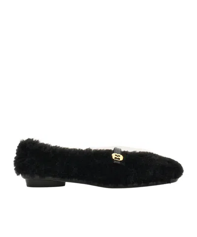 Ferragamo Salvatore  Fluffy Logo Buckled Ballerina Shoes In Black