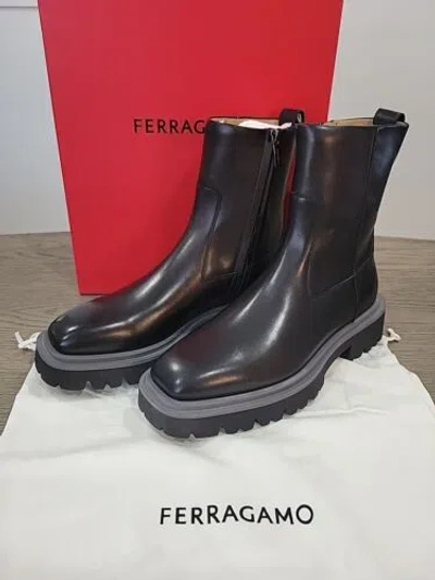 Pre-owned Ferragamo Salvatore  Fulvio Men's Black Leather Zip Boots Size 11 M