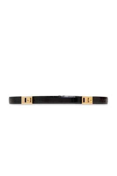 Ferragamo Extendable Hug Belt In Croc-embossed Leather In Black