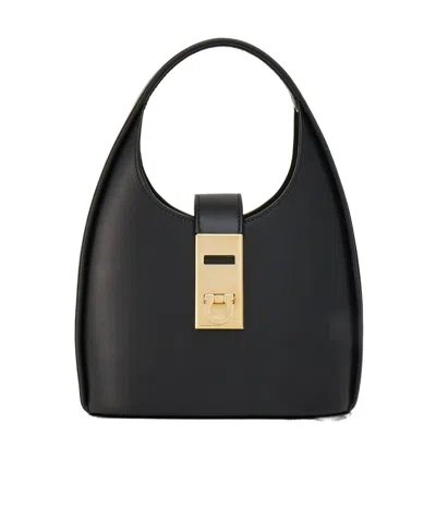 Ferragamo Salvatore  Gancini-buckle Logo-engraved Mini Hobo Bag In Black