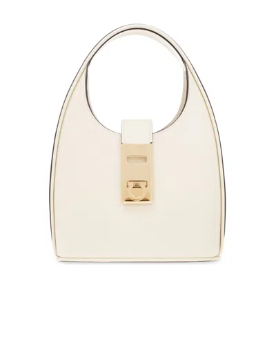Ferragamo Salvatore  Gancini-buckle Logo-engraved Mini Hobo Bag In White