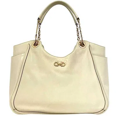 Pre-owned Ferragamo Salvatore  Gancini Cream White Leather Tote Bag () In Cream, White