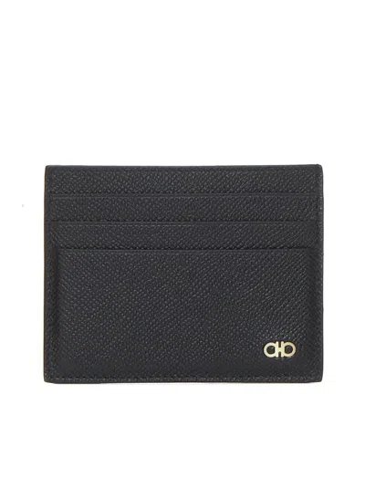 Ferragamo Black Card Holder With Micro Gancini On The Front And Logo Lettering On The Rear