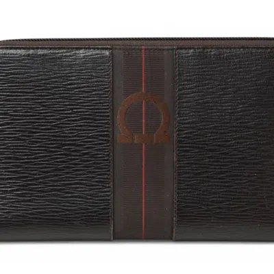 Pre-owned Ferragamo Salvatore  Gancini Dark Brown Red Color Leather Long Wallet (bi-fold) () In Dark Brown, Red Color