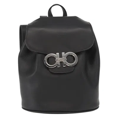 Pre-owned Ferragamo Salvatore  Gancini Flap Drawstring Backpack Leather Black Leather Backpack Bag ()