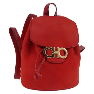 Pre-owned Ferragamo Salvatore  Gancini Flap Drawstring Backpack Leather Red Leather Backpack Bag ()