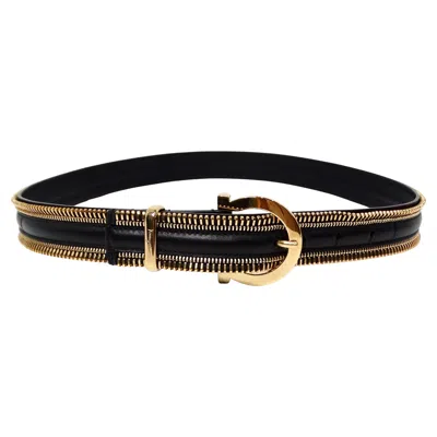 Pre-owned Ferragamo Salvatore  Gancini Gold-tone Open Zipper Style Black Leather Belt