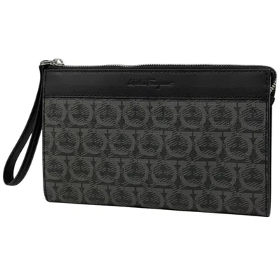 Pre-owned Ferragamo Salvatore  Gancini Gray Coated Canvas Leather Clutch Bag ()