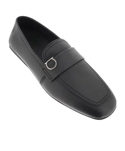 Ferragamo Leather Debros Loafers Metal Buckle In Black