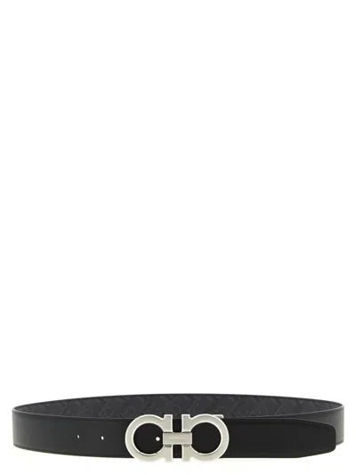 Ferragamo Gancini Print Reversible Belt In Black