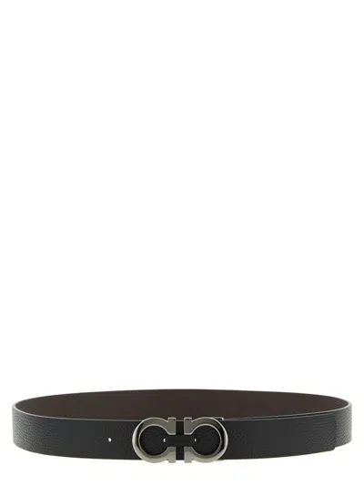 Ferragamo Gancini Grained Reversible Belt In Black