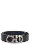 Ferragamo Adjustable Reversible Leather Belt With Textured Finish In Black