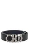 Ferragamo Adjustable Reversible Leather Belt With Textured Finish In Black