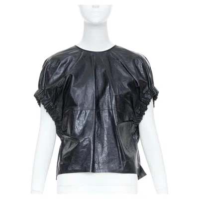 Pre-owned Ferragamo Salvatore  Gathered Lambskin Leather Cap Sleeve Tie Blouse It38 Xs In Black
