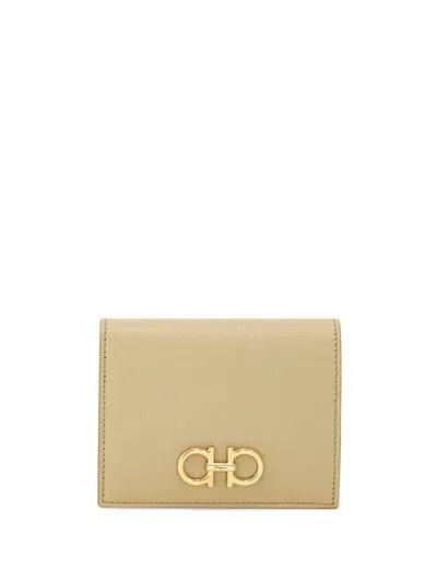 Ferragamo Salvatore  Golden Finish Gancini Compact Wallet Accessories In Beige
