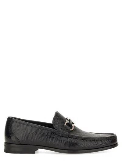 Ferragamo Gandioso Pebbled Moccasin With Gancini Ornament In Black Leather