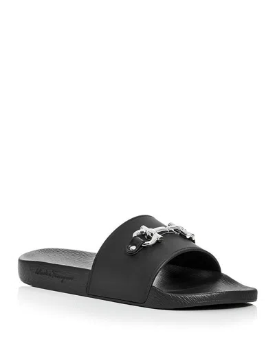 Pre-owned Ferragamo Salvatore  Groovy Women Black Gancini Pool Slide Sandals 7 8 9m