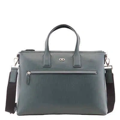 Pre-owned Ferragamo Salvatore  Hammered Calf Leather Gancini Business Bag 241210 757918 In Green