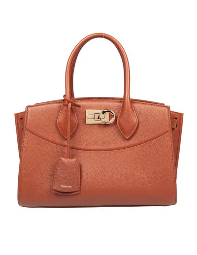 Ferragamo Salvatore  Hammered Leather Handbag In Brown