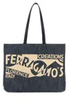 Ferragamo Blue Denim Large Tt Sign Shopping Bag