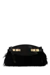 Ferragamo Black Leather And Feathers Hug Clutch In Black