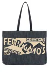 Ferragamo Blue Denim Large Tt Sign Shopping Bag In Blue