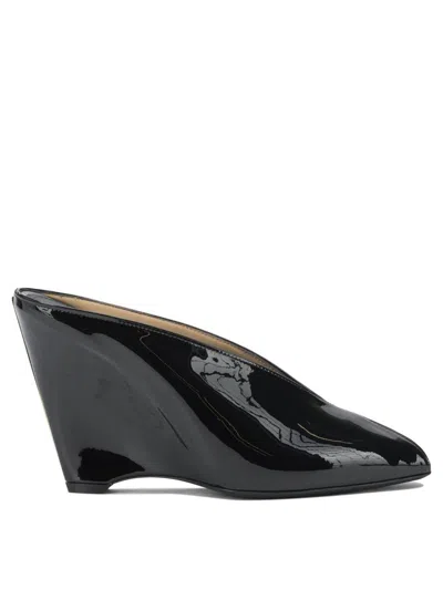 Ferragamo Leather Mules With Wedge Heel And Glossy Finish In Black