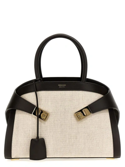 Ferragamo Hug Kuban Canvas Top-handle Bag In Neutrals